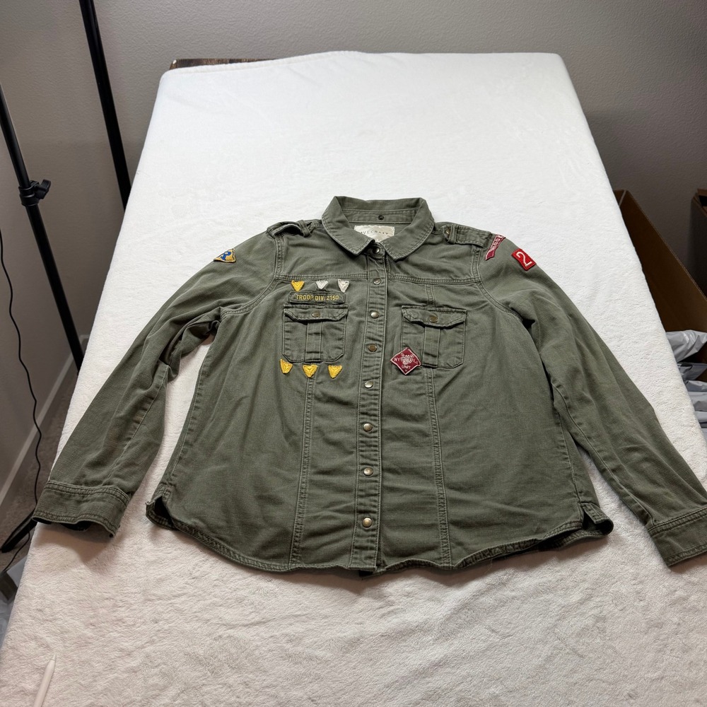 Lovecrazy Patch Utility Shirt Women Olive Green Good Snap Front Epaulettes